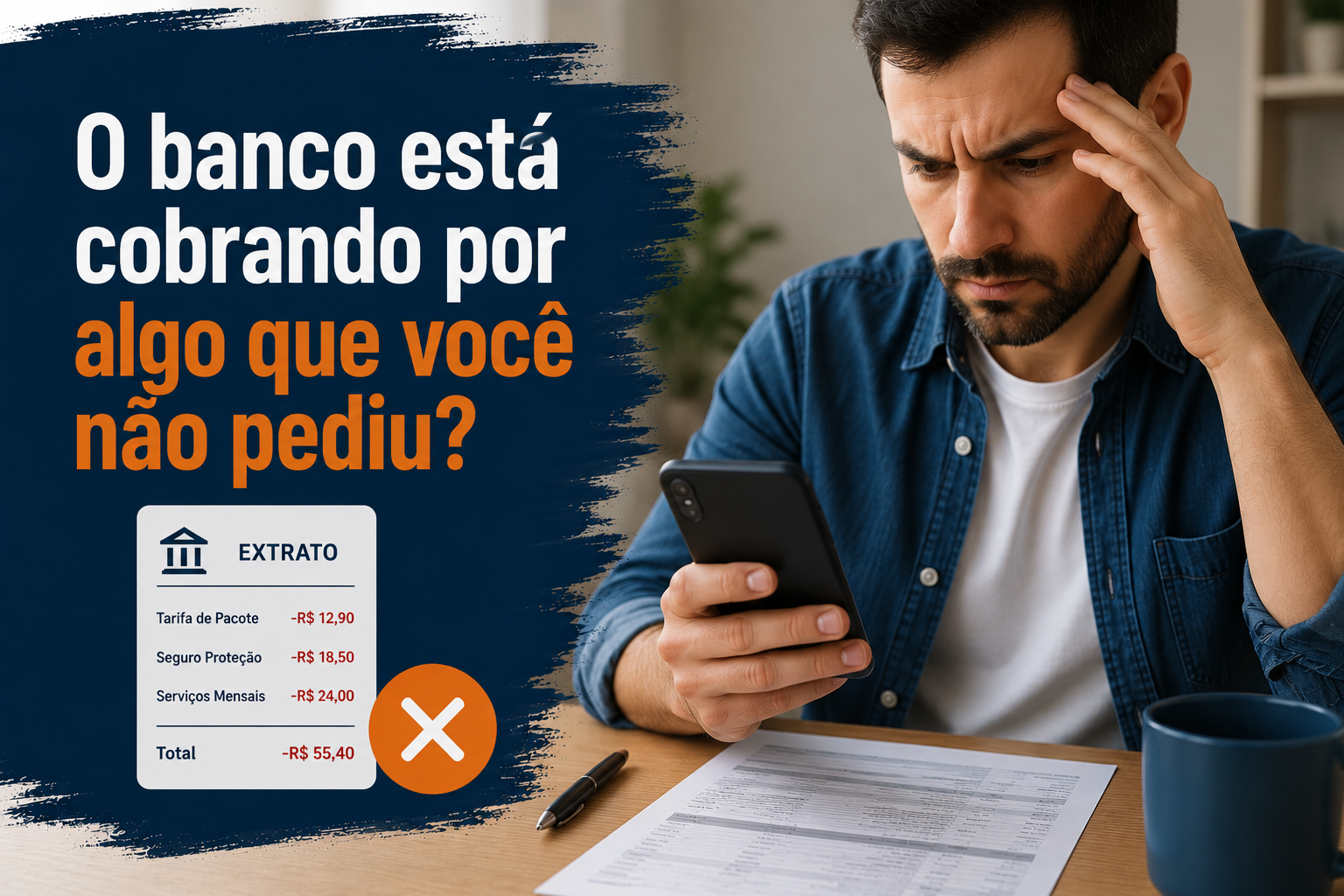 Consumidor conferindo no celular tarifas e cobranças desconhecidas em seu extrato bancário.