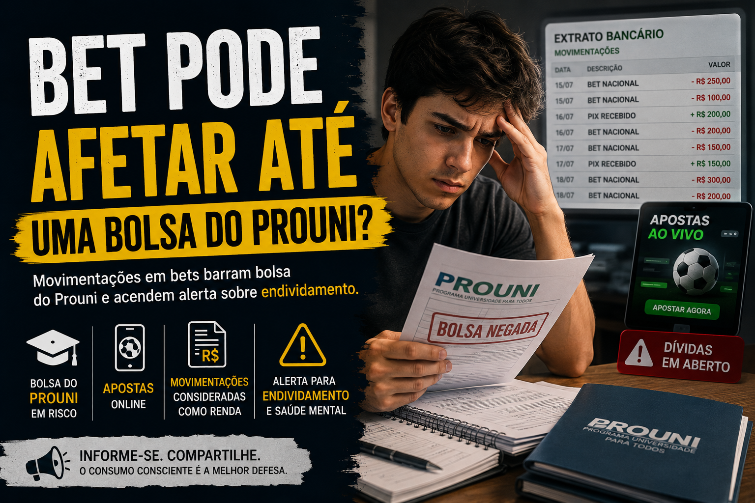 Estudante analisa documentos do Prouni enquanto movimentações relacionadas a apostas aparecem em extrato bancário.