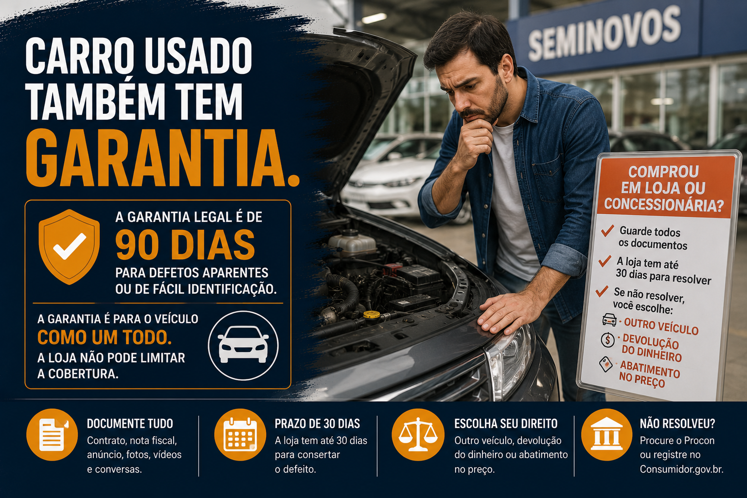 Proprietário observando um defeito mecânico em um carro usado comprado em uma concessionária.