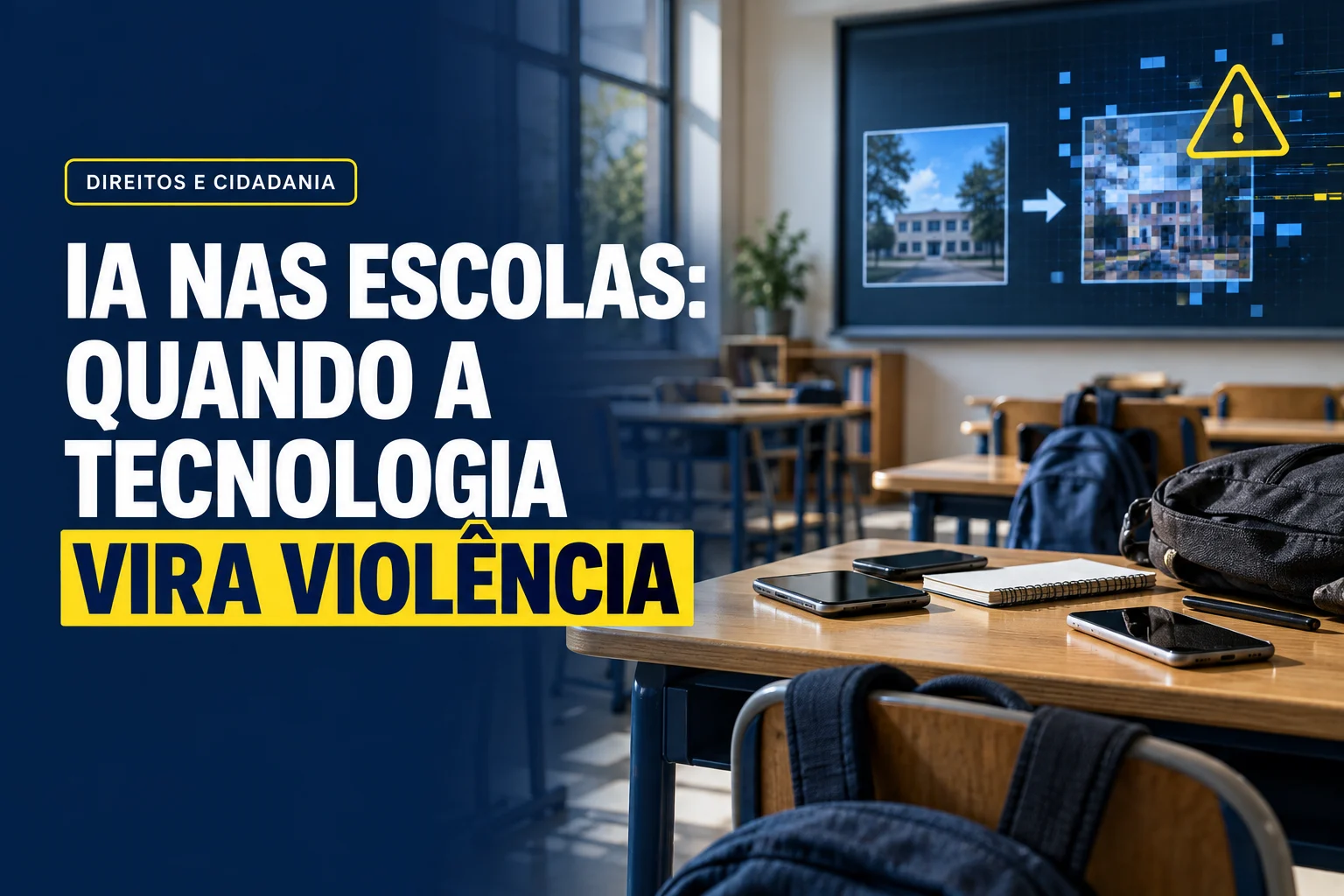 Estudantes em ambiente escolar utilizando celulares enquanto uma tela representa a criação de conteúdo falso por inteligência artificial.