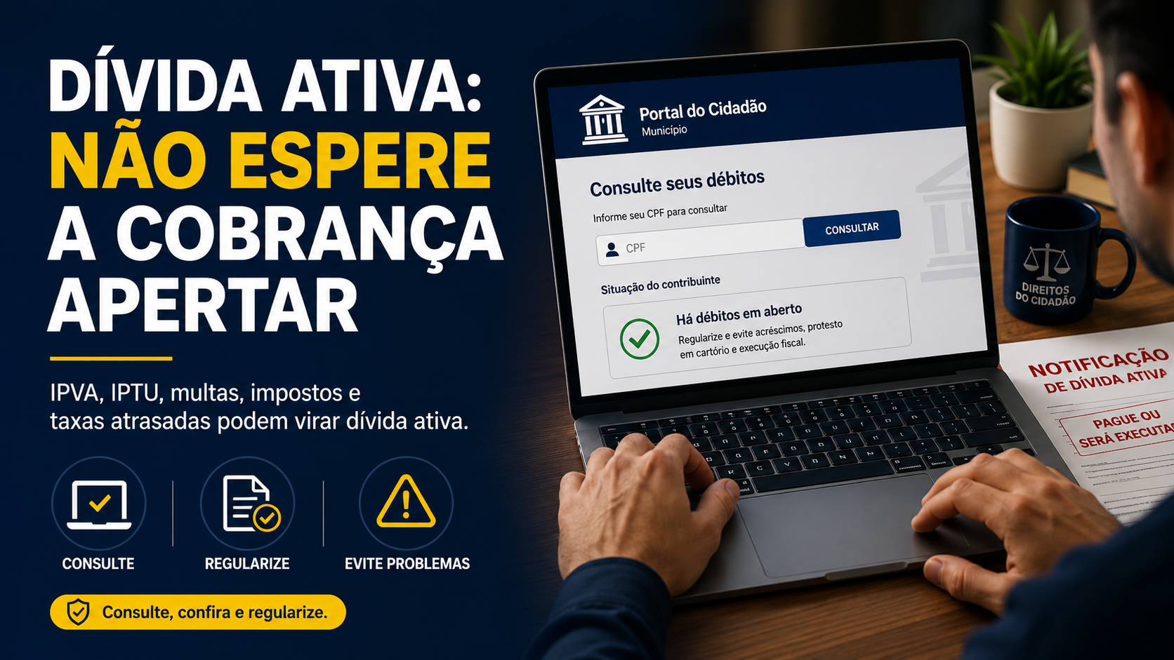Pessoa consultando no computador informações sobre impostos e débitos inscritos em dívida ativa.