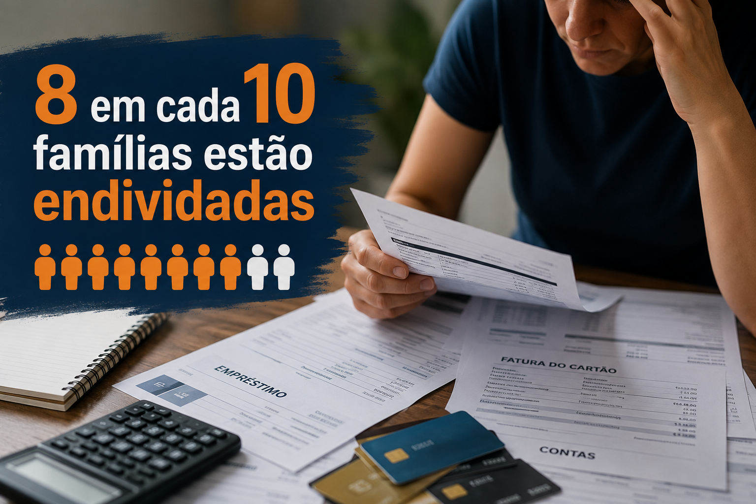 Pessoa analisando contas, empréstimos e faturas de cartão de crédito sobre uma mesa.