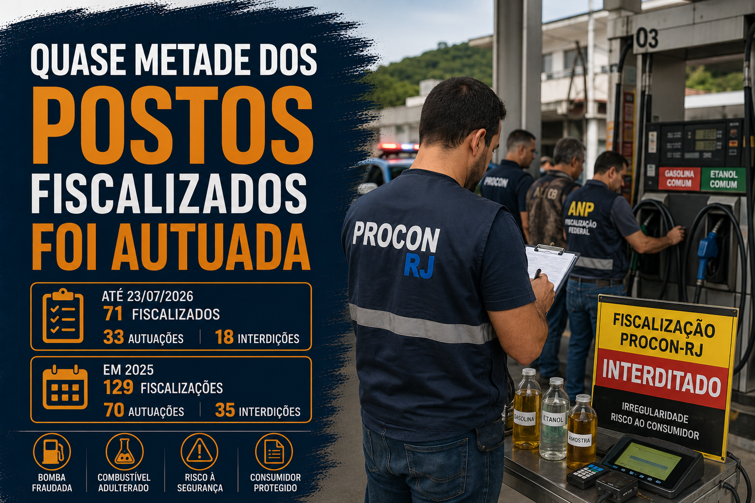 Agentes fiscalizam bombas e combustíveis em um posto no Estado do Rio de Janeiro.