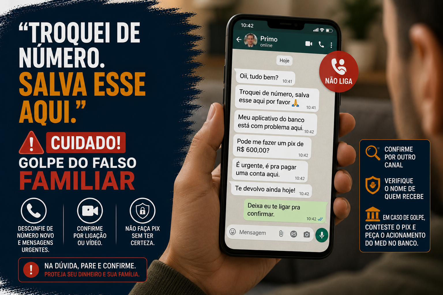 Pessoa recebendo pelo WhatsApp uma mensagem de um falso familiar dizendo que trocou de número e pedindo um Pix.