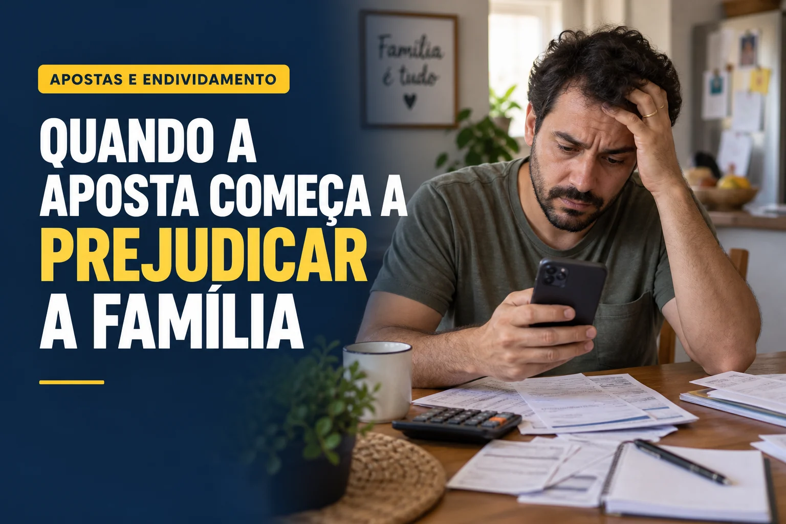 Pessoa acompanha apostas pelo celular enquanto contas da família estão sobre a mesa.