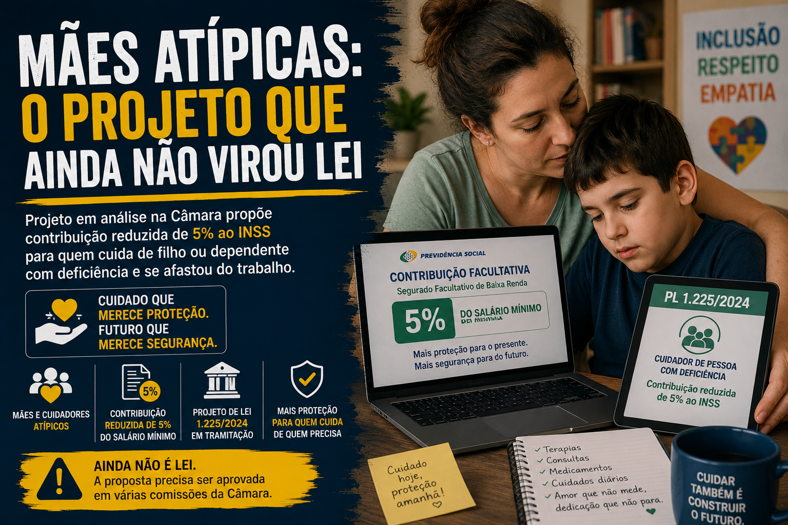 Mãe acompanha o filho com deficiência enquanto consulta informações sobre contribuição e direitos previdenciários.