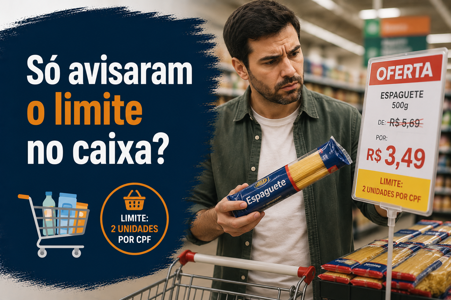 Consumidor conferindo no caixa a quantidade permitida de um produto anunciado em promoção.