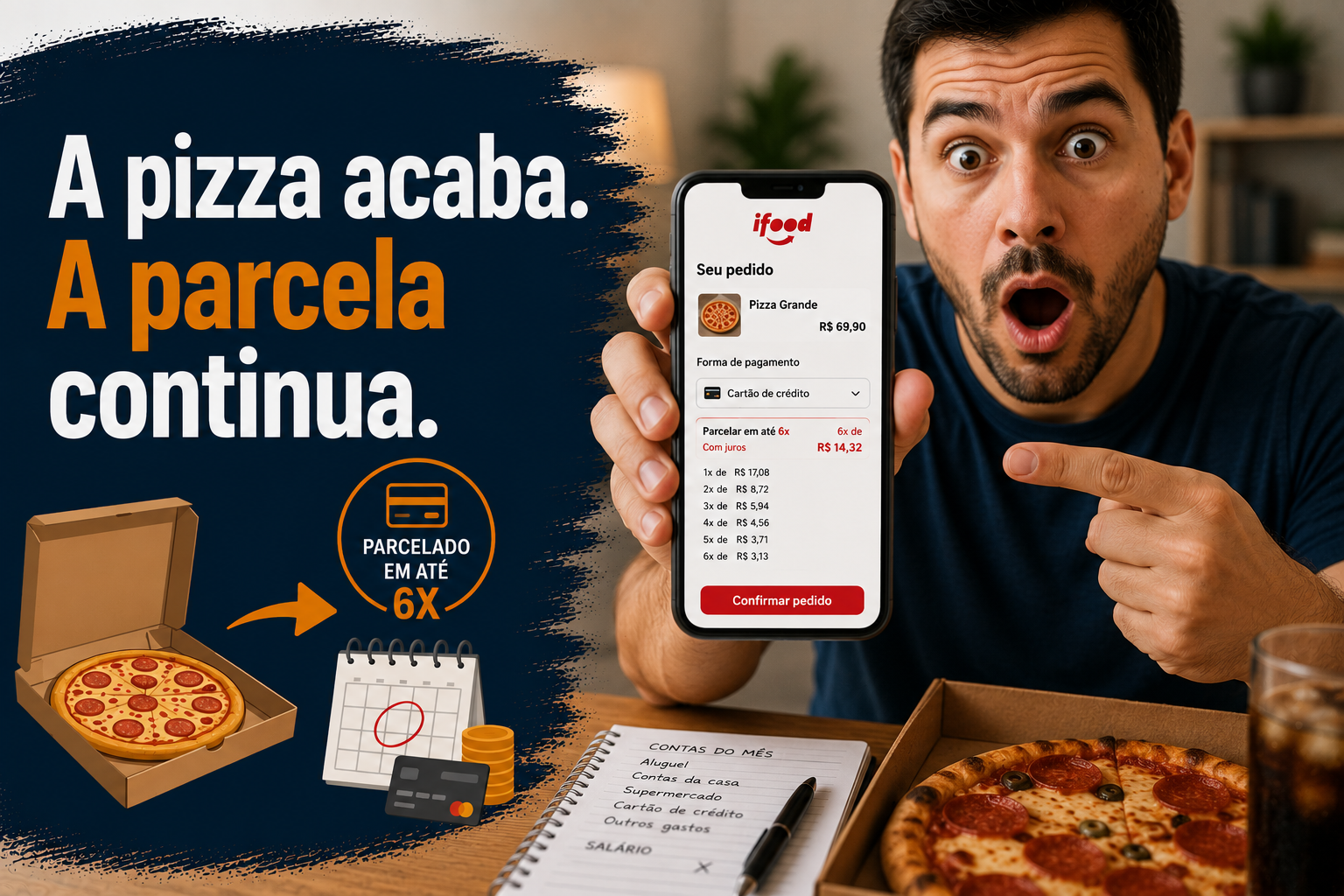 Consumidor fazendo um pedido de comida pelo celular e escolhendo o pagamento parcelado no cartão de crédito.