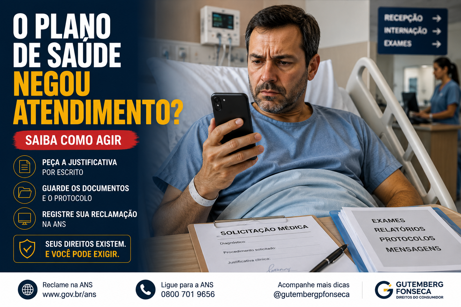 Paciente no hospital consulta pelo celular uma negativa de atendimento enviada pelo plano de saúde.