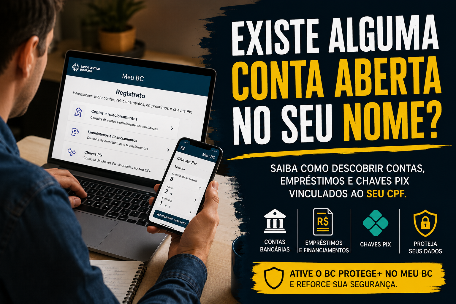 Pessoa consulta no Meu BC contas bancárias, empréstimos e chaves Pix vinculados ao seu CPF.