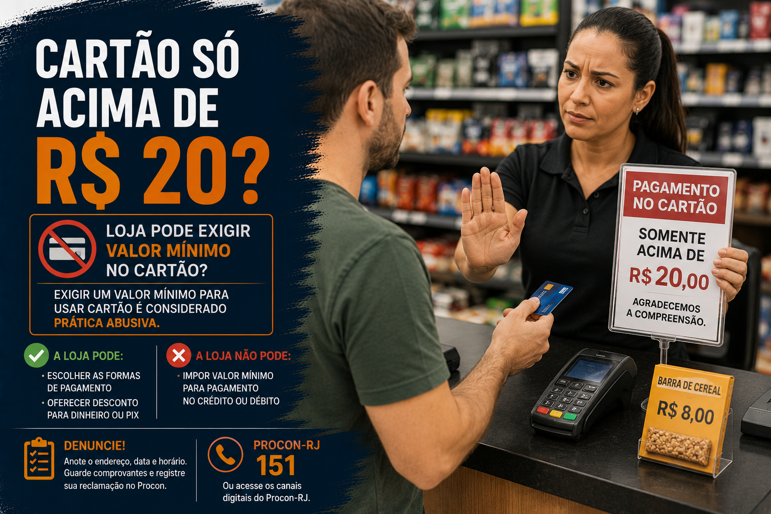 Consumidor tentando pagar uma compra de baixo valor com cartão em um estabelecimento comercial.