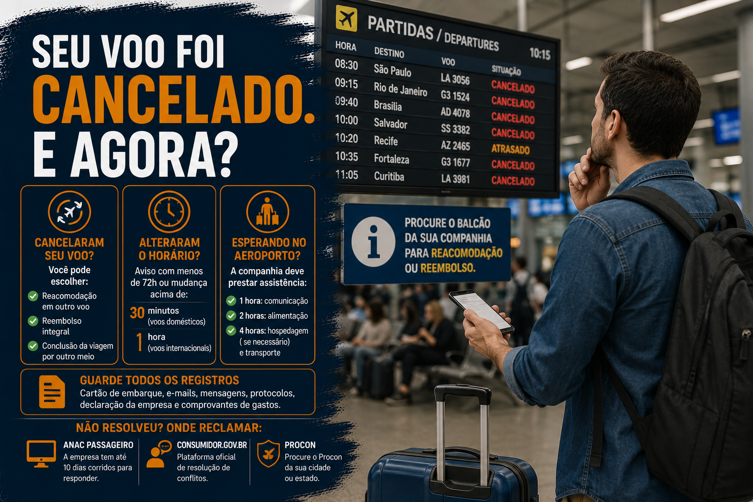 Passageiro consultando no aeroporto informações sobre um voo cancelado.