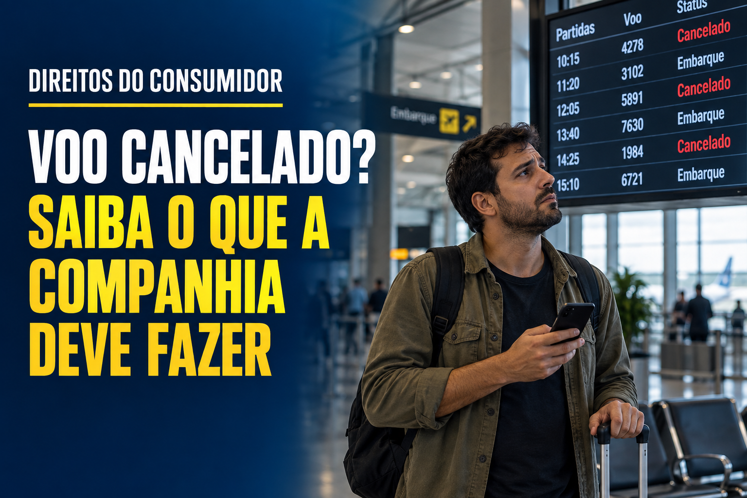 Passageiro aguarda no aeroporto após o cancelamento de um voo e consulta informações no painel de embarque.
